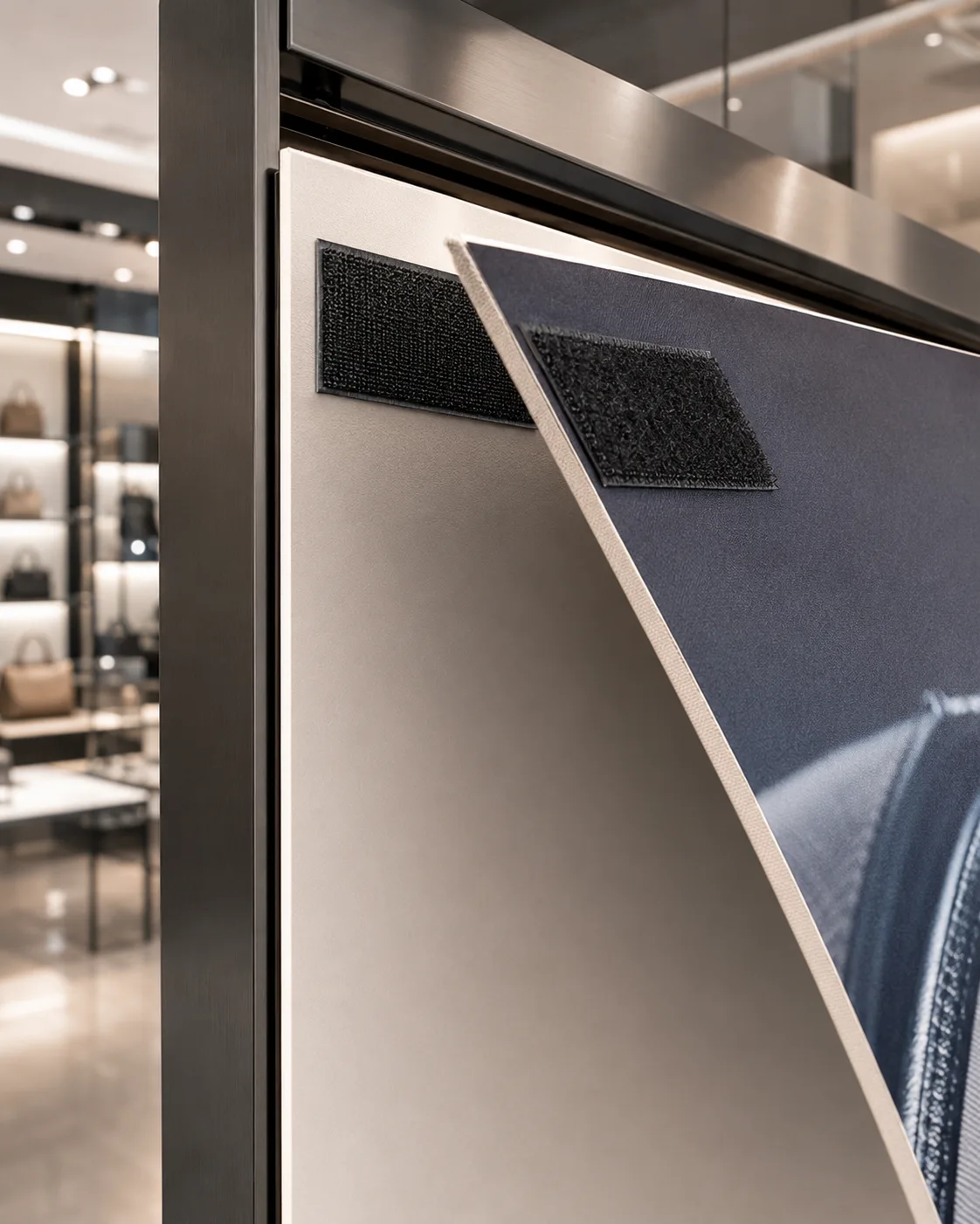 Hook and loop fastening for retail display panels.